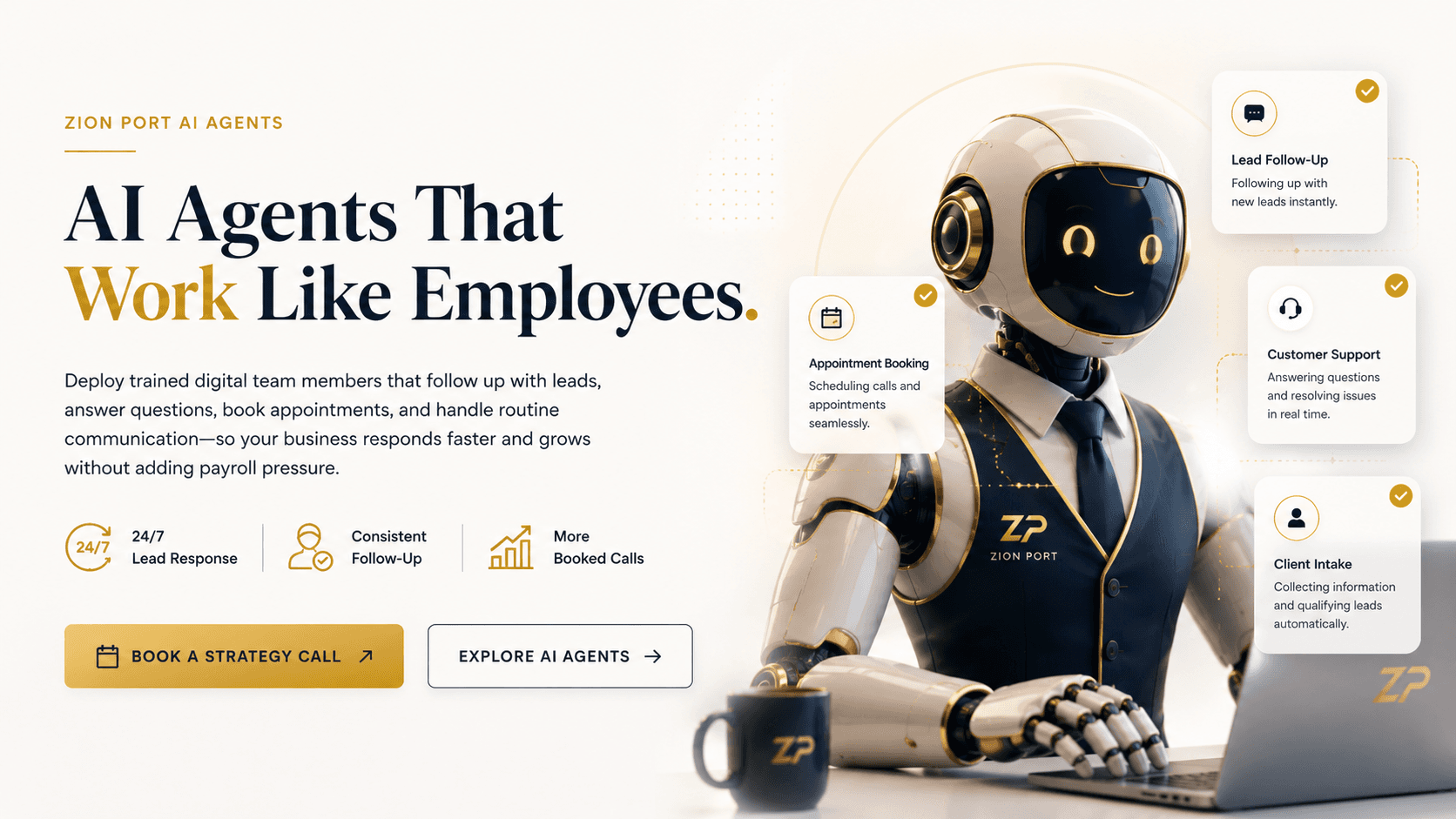 Zion Port AI robot agent at a laptop
